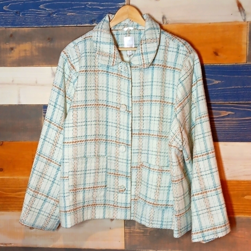 Lauren Conrad Plaid Jacket NWT 3X cream blue tan - Picture 2 of 7